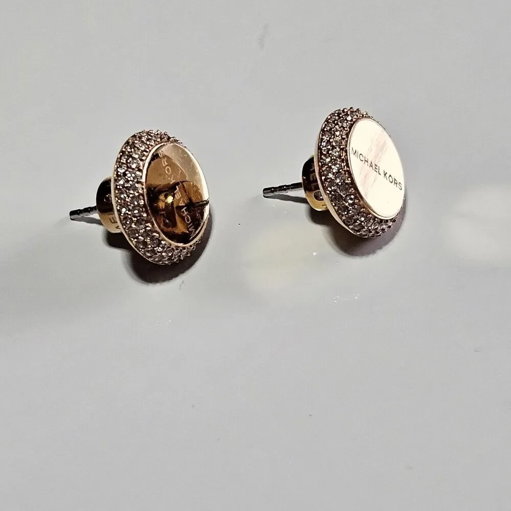 Michael Kors Rose Gold Round Earrings With Clear Crystal Stone Accents